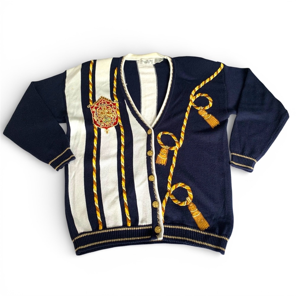 Vintage Marisa‎ Christina Classics Navy Striped Crest Tassel Cardigan Sweater